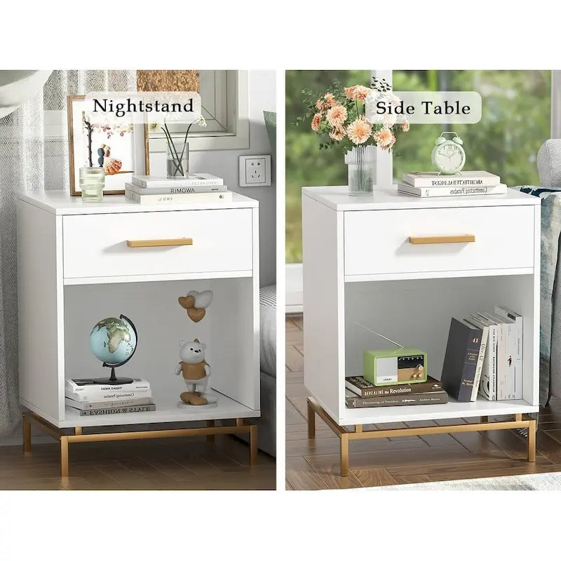 Table de chevet moderne à 1 tiroir blanche avec étagère ouverte (lot de 2)