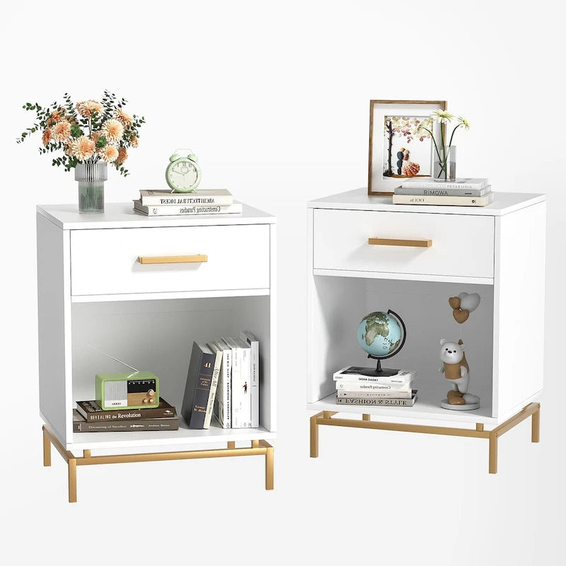 Table de chevet moderne à 1 tiroir blanche avec étagère ouverte (lot de 2)