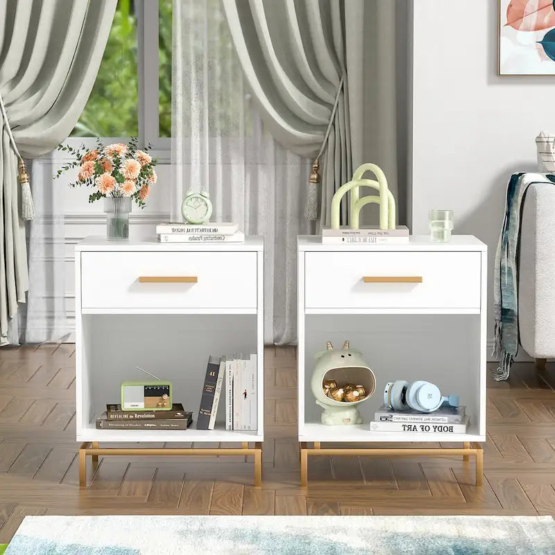 Table de chevet moderne à 1 tiroir blanche avec étagère ouverte (lot de 2)
