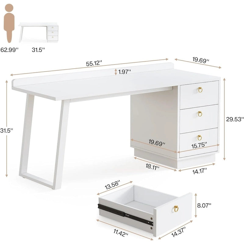 Bureau d'ordinateur avec 3 tiroirs, bureau de 140 cm pour bureau à domicile