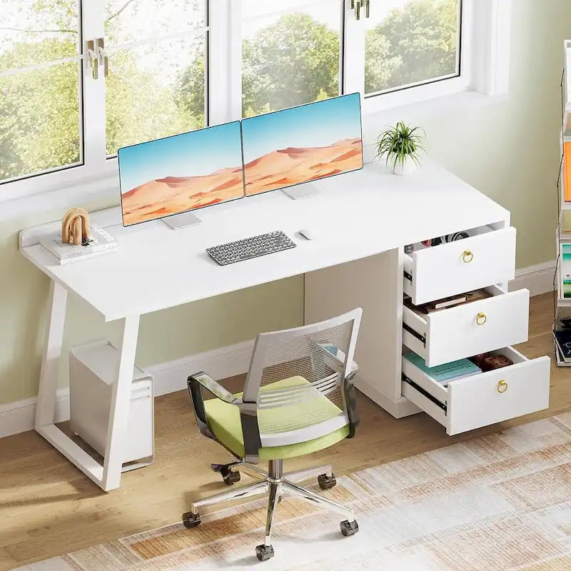 Bureau d'ordinateur avec 3 tiroirs, bureau de 140 cm pour bureau à domicile