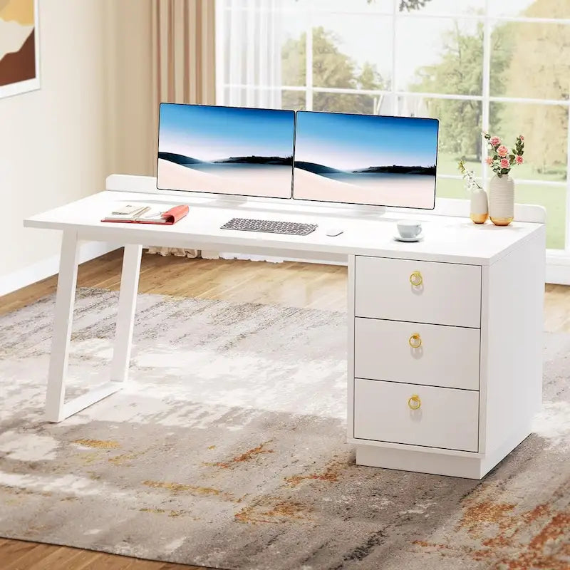 Bureau d'ordinateur avec 3 tiroirs, bureau de 140 cm pour bureau à domicile