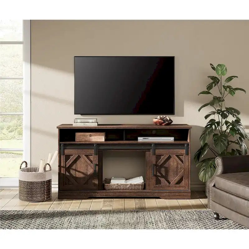 Meuble TV avec 2 portes coulissantes de style grange – Convient aux téléviseurs jusqu'à 70 pouces