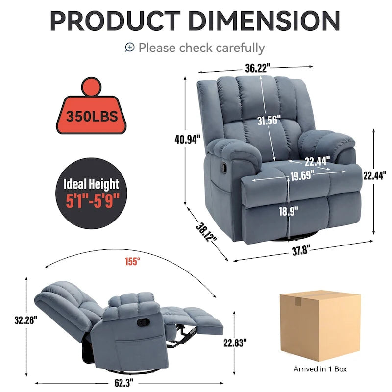 Fauteuil inclinable pivotant et basculant à 360° en tissu avec accoudoirs rembourrés et dossier à coussin