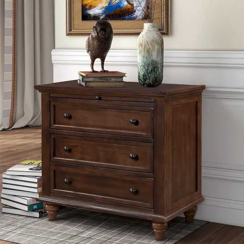 Table de chevet en bois à 3 tiroirs avec tablette coulissante