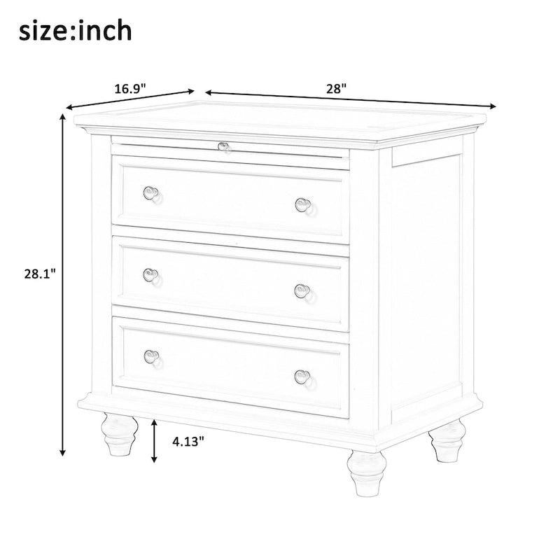 Table de chevet en bois à 3 tiroirs avec tablette coulissante