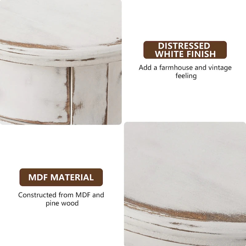 Table d'appoint haute ronde en bois vieilli blanc avec tiroir