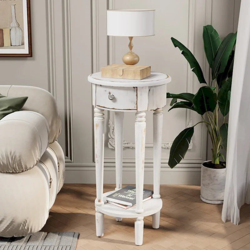 Table d'appoint haute ronde en bois vieilli blanc avec tiroir