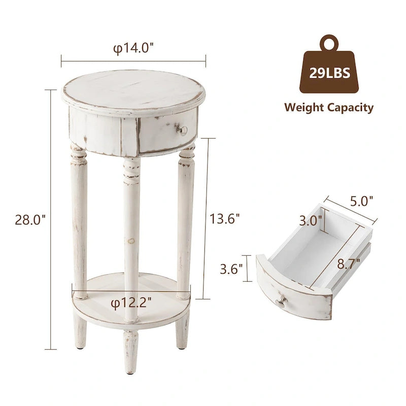 Table d'appoint haute ronde en bois vieilli blanc avec tiroir