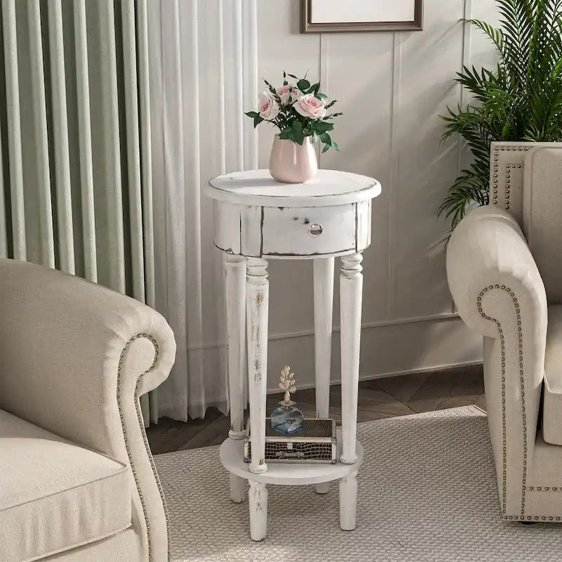 Table d'appoint haute ronde en bois vieilli blanc avec tiroir