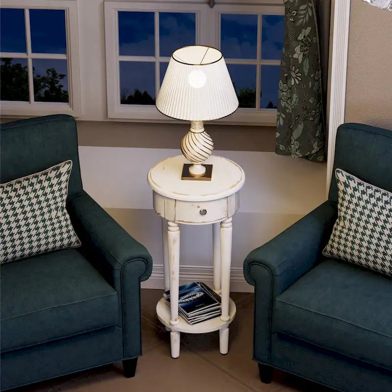 Table d'appoint haute ronde en bois vieilli blanc avec tiroir