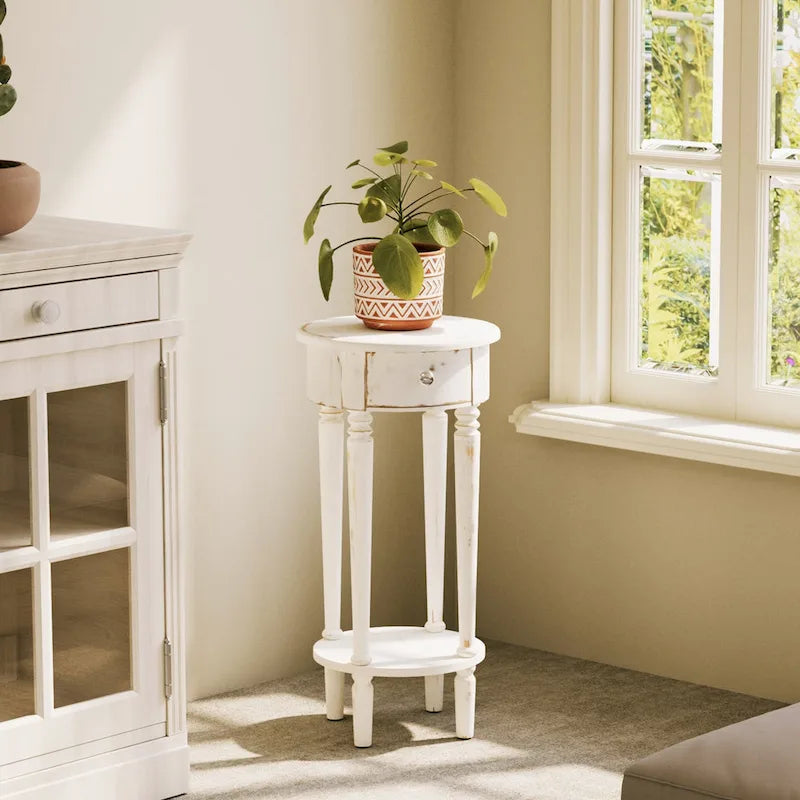 Table d'appoint haute ronde en bois vieilli blanc avec tiroir