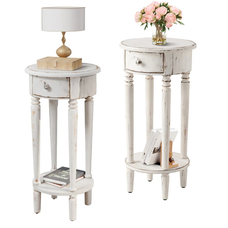 Table d'appoint haute ronde en bois vieilli blanc avec tiroir