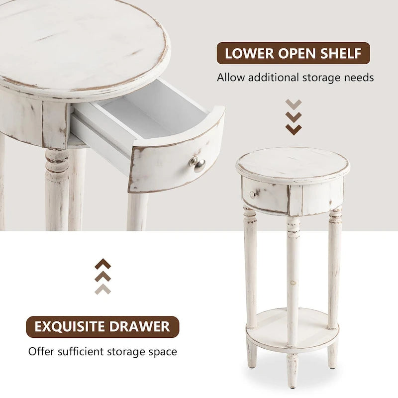 Table d'appoint haute ronde en bois vieilli blanc avec tiroir
