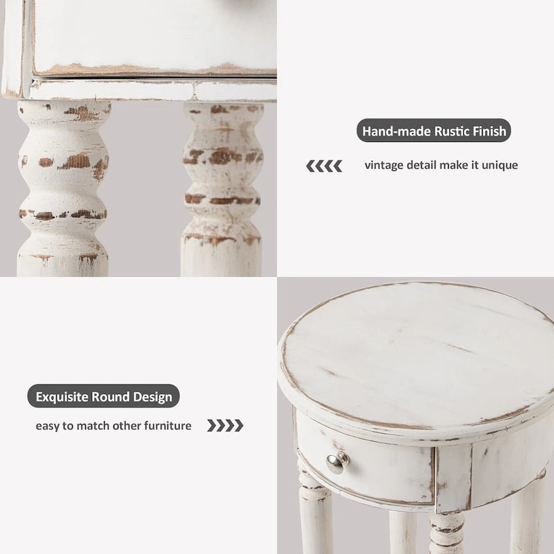 Table d'appoint haute ronde en bois vieilli blanc avec tiroir