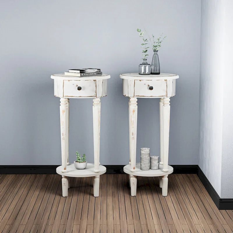 Table d'appoint haute ronde en bois vieilli blanc avec tiroir