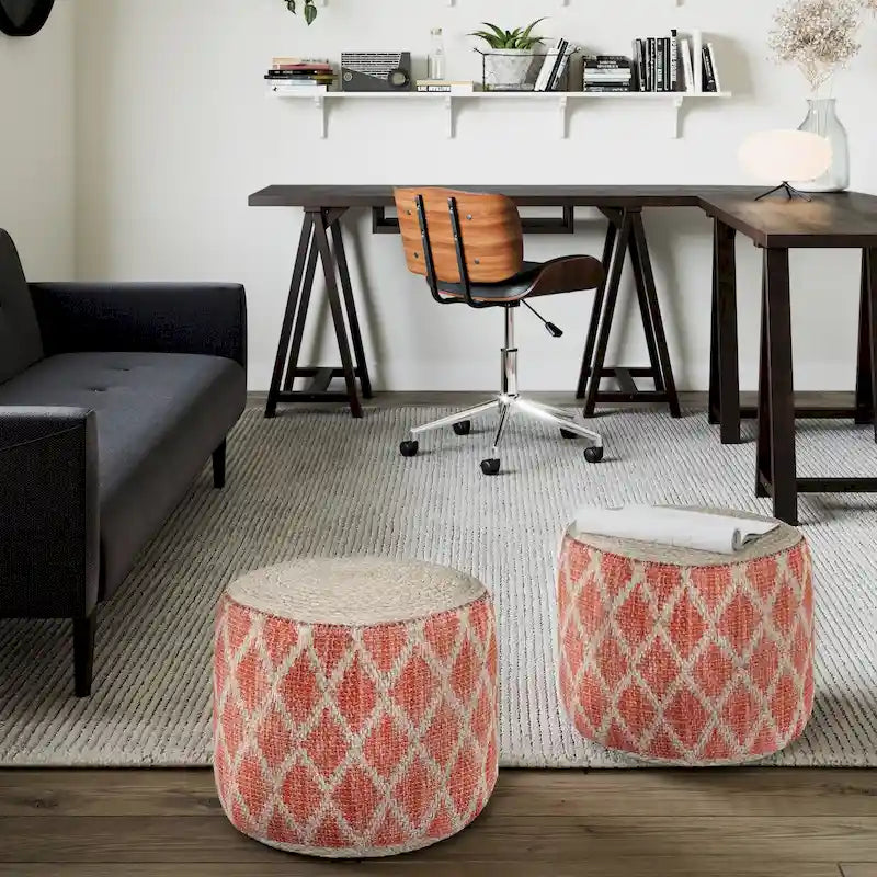 Pouf rond en jute tressé et coton