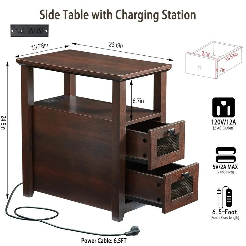 Table de chevet à 2 tiroirs avec station de charge