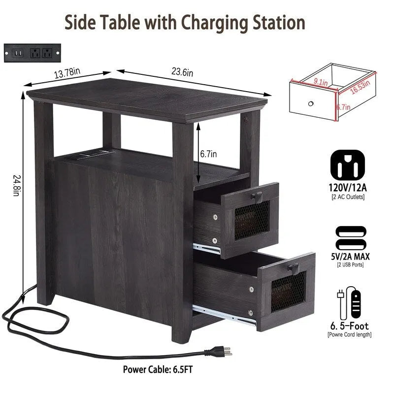 Table de chevet à 2 tiroirs avec station de charge