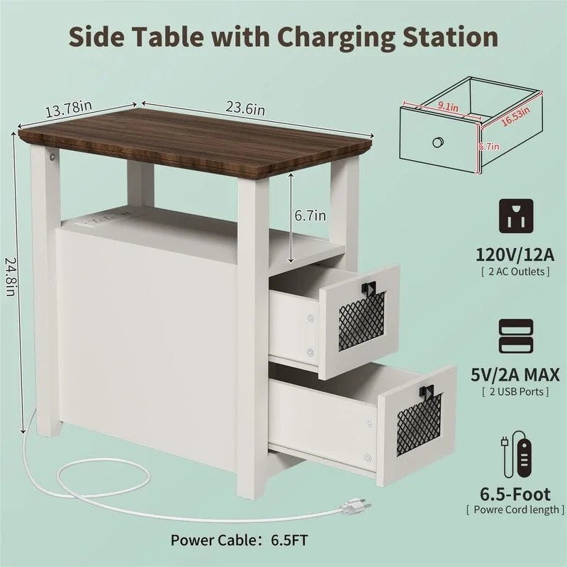 Table de chevet à 2 tiroirs avec station de charge