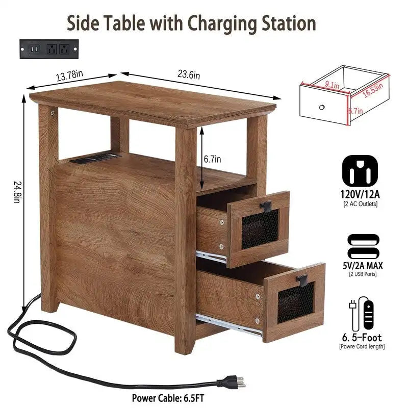 Table de chevet à 2 tiroirs avec station de charge