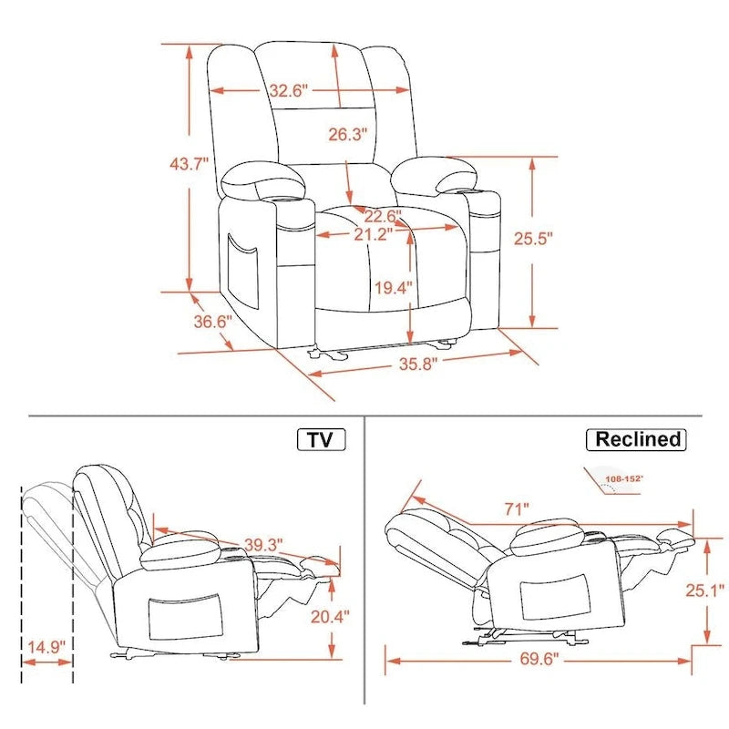 Fauteuil inclinable électrique avec fonction de chauffage et de massage, en tissu