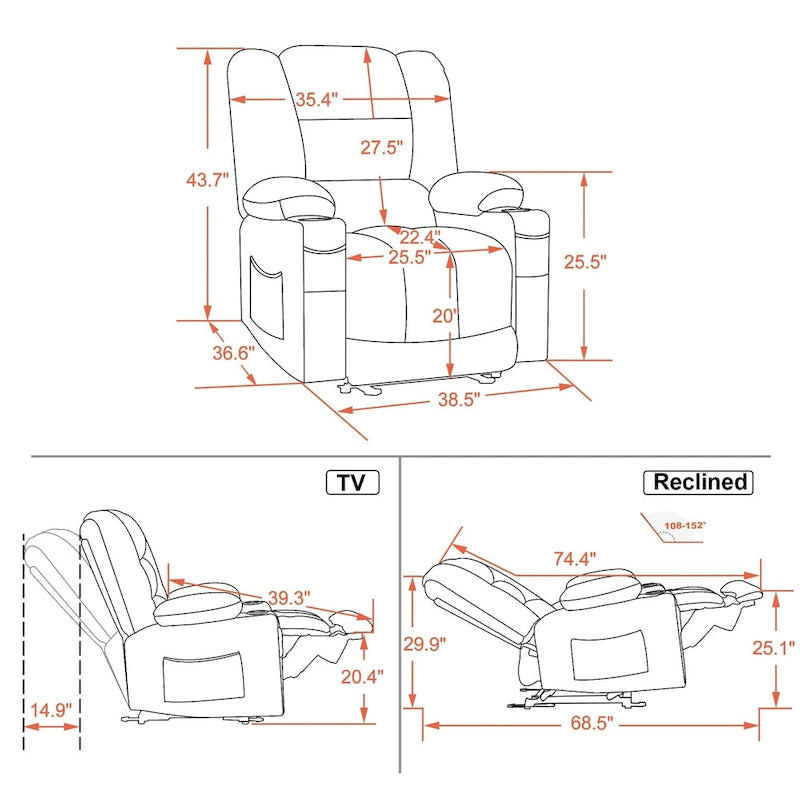 Fauteuil inclinable électrique avec fonction de chauffage et de massage, en tissu