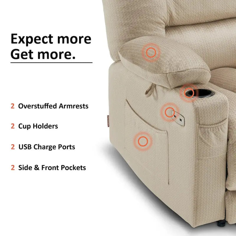 Fauteuil inclinable électrique avec fonction de chauffage et de massage, en tissu