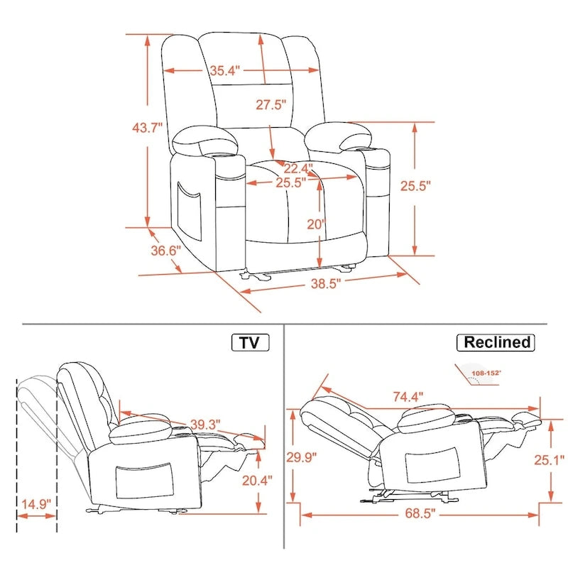 Fauteuil inclinable électrique avec fonction de chauffage et de massage, en tissu