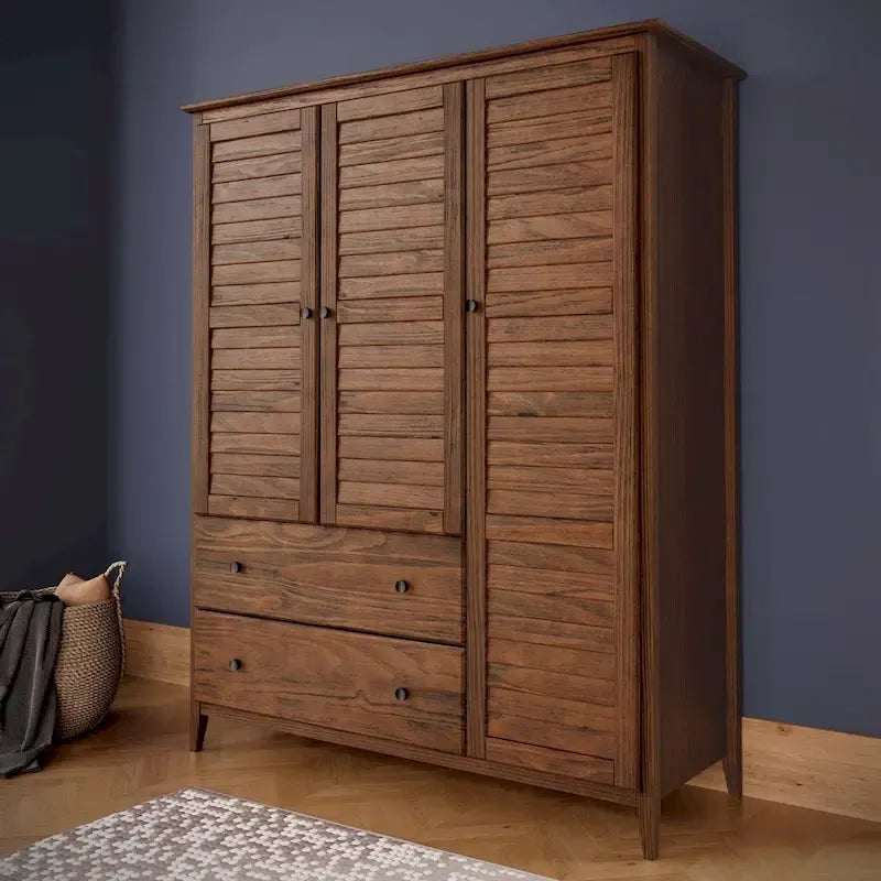 Armoire en bois massif à 3 portes avec tiroirs et étagères réglables