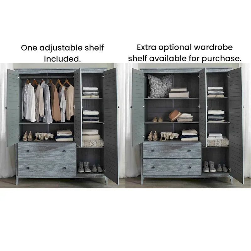 Armoire en bois massif à 3 portes avec tiroirs et étagères réglables