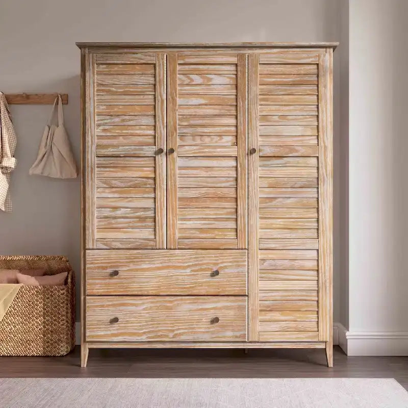 Armoire en bois massif à 3 portes avec tiroirs et étagères réglables
