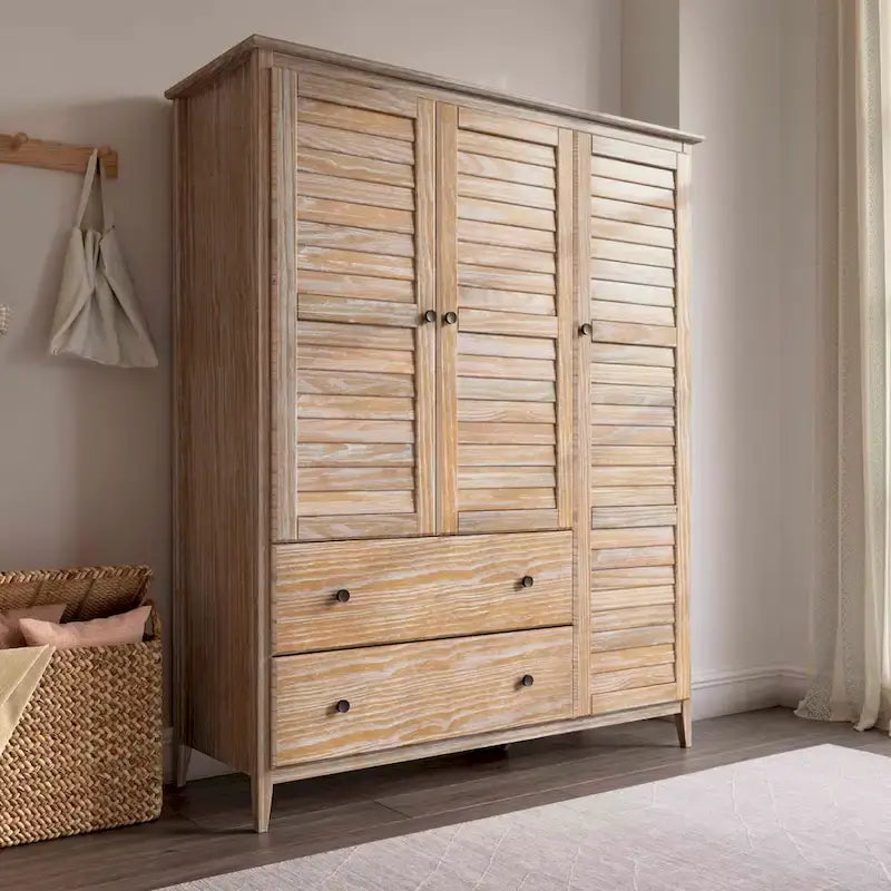 Armoire en bois massif à 3 portes avec tiroirs et étagères réglables