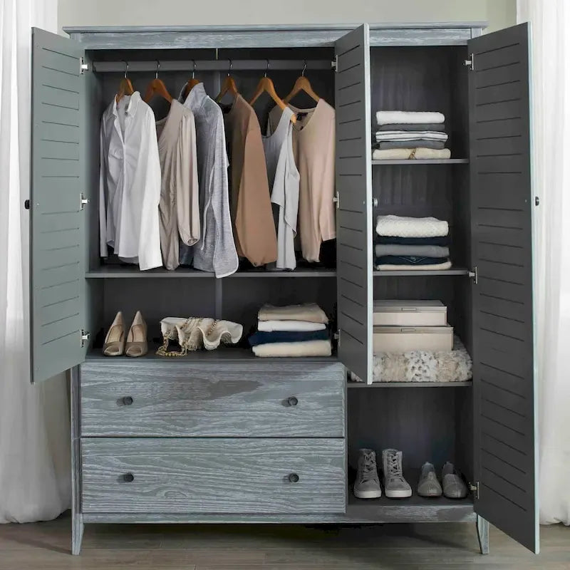 Armoire en bois massif à 3 portes avec tiroirs et étagères réglables