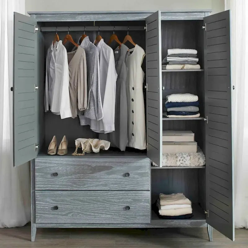 Armoire en bois massif à 3 portes avec tiroirs et étagères réglables