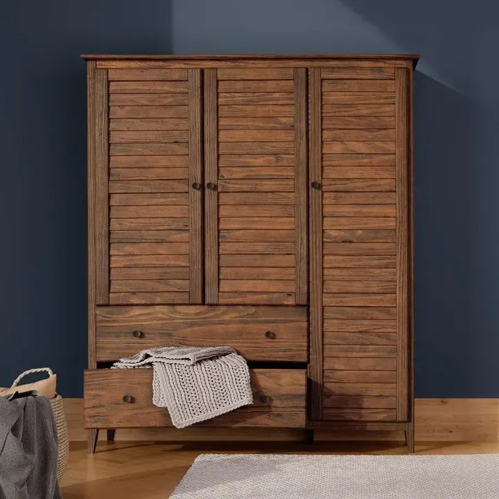 Armoire en bois massif à 3 portes avec tiroirs et étagères réglables