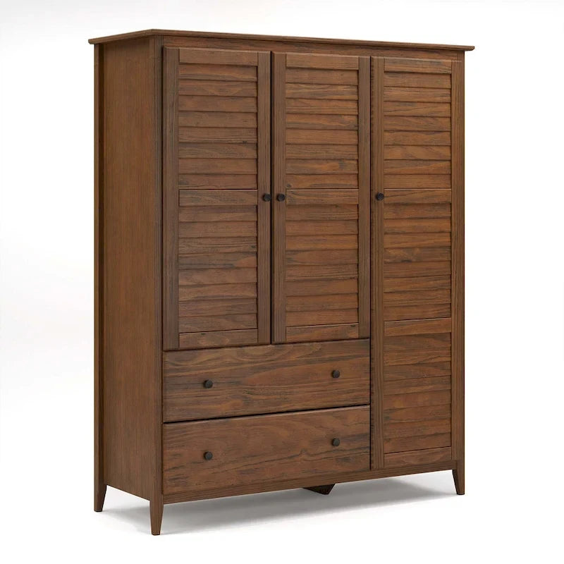 Armoire en bois massif à 3 portes avec tiroirs et étagères réglables