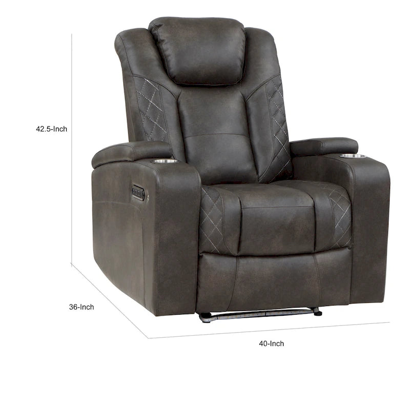 Fauteuil inclinable électrique de 40 po, similicuir gris marron, LED, USB, porte-gobelets